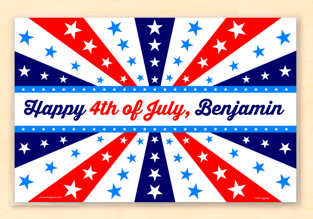 Fourth of July Retro Personalized Placemat with starburst of red, white and blue stripes with stars