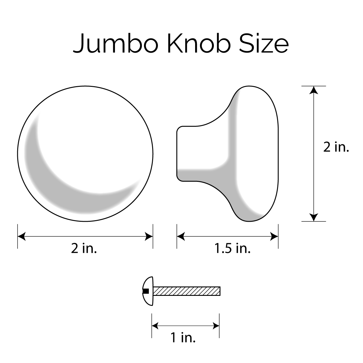 Line illustration of drawer knob showing sizing, 2" diameter, 1.5" depth