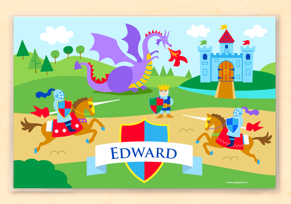 Boys personalized laminated storybook name placemat with fairytale knights jousting in front of a purple dragon and a blue castle. Features a child's name on a banner across a red and blue shield.