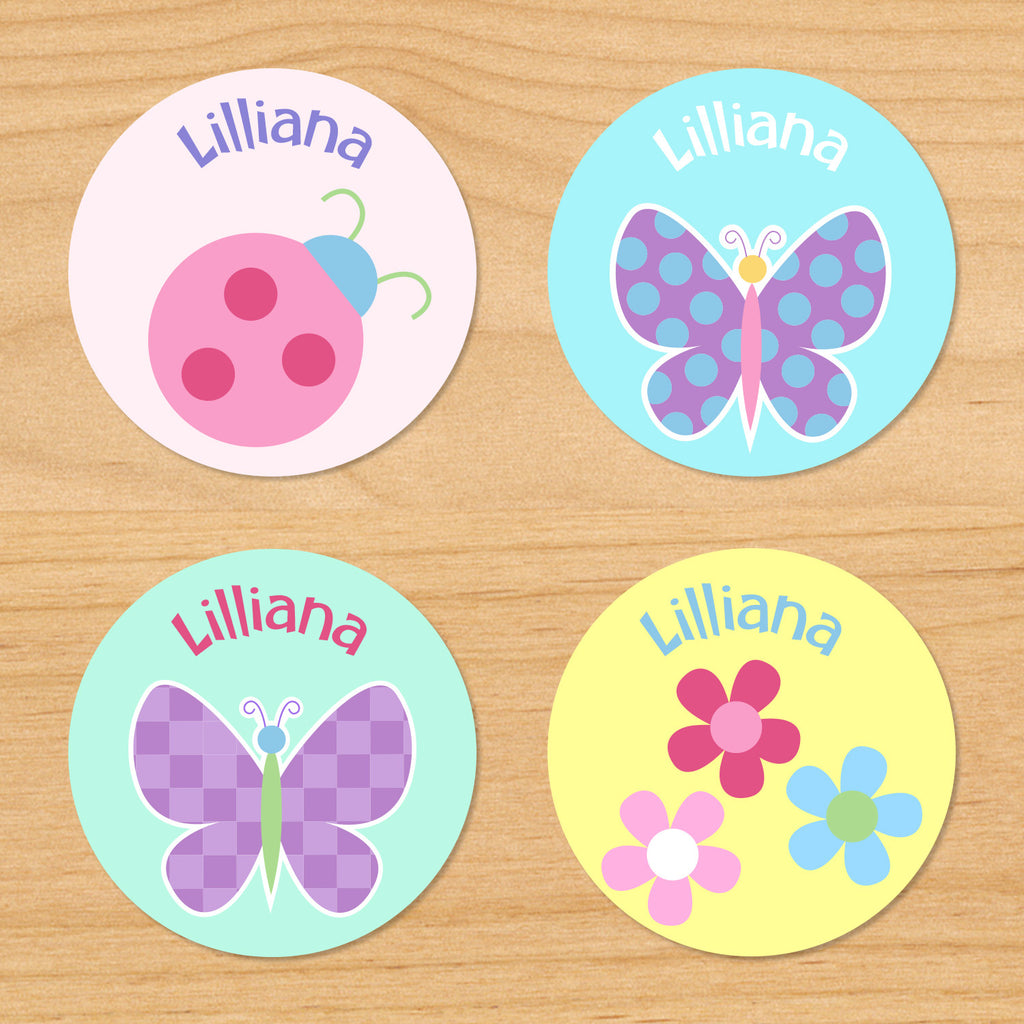 Butterfly garden kids spring personalized name waterproof mini labels with butterfly, flower, and ladybug in pastel colors on pink, blue and yellow backgrounds