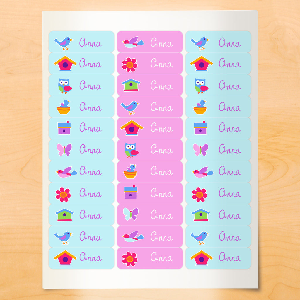 Personalized kids lables with birds, birdhouses and bird nests on light blue and pink backgrounds