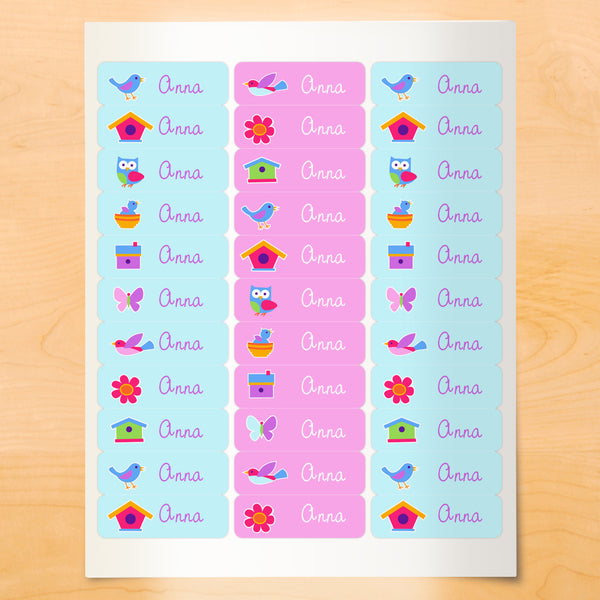 Personalized kids lables with birds, birdhouses and bird nests on light blue and pink backgrounds
