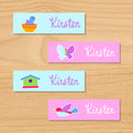 Birdie personalized kids mini waterproof name labels with bluebird, nest, birdhouse, and butterfly in blue and pink background