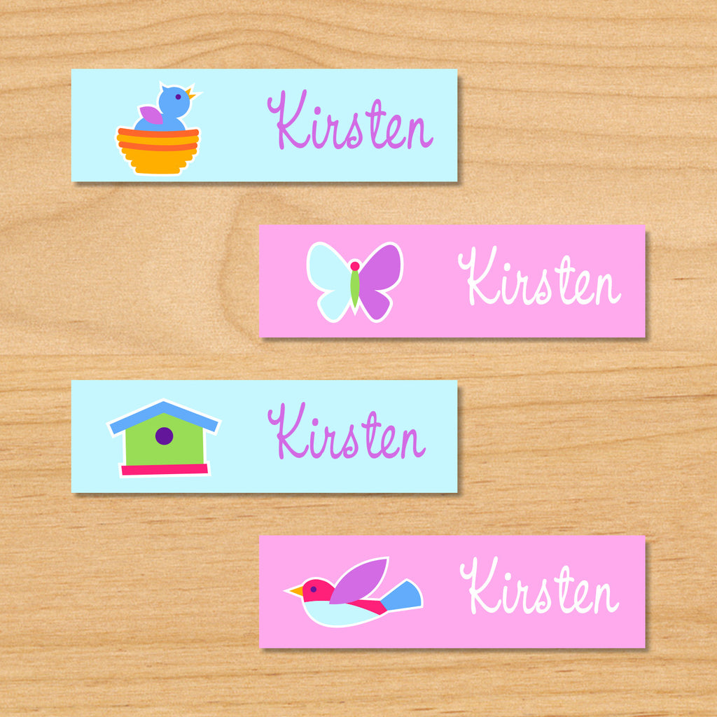 Birdie personalized kids mini waterproof name labels with bluebird, nest, birdhouse, and butterfly in blue and pink background