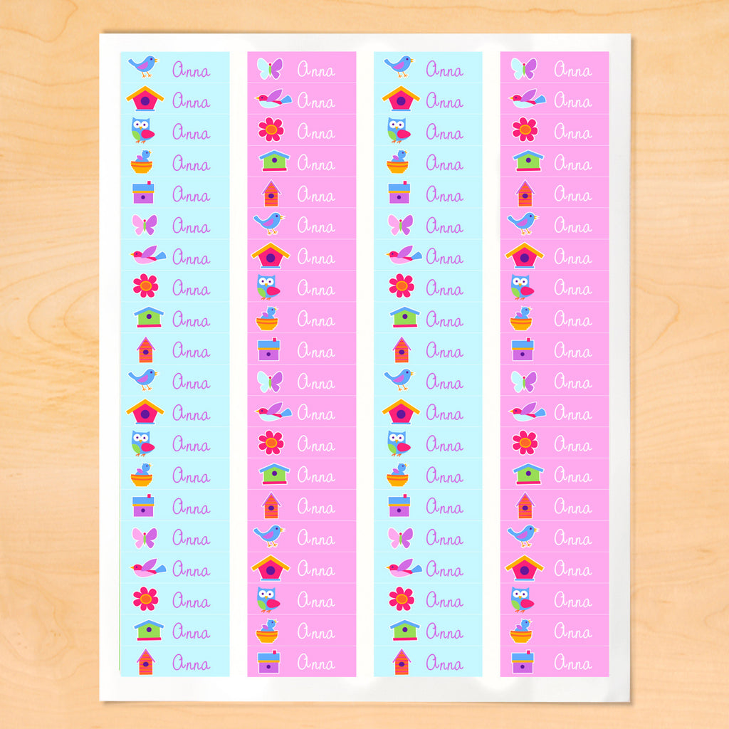 Personalized mini lables with birds, birdhouses and bird nests on light blue and pink backgrounds