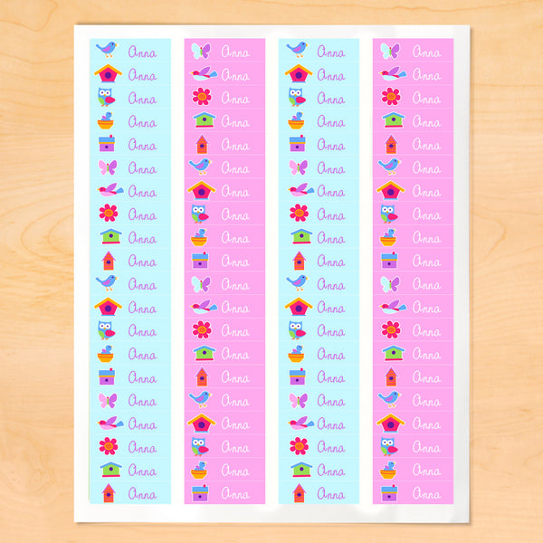Personalized mini lables with birds, birdhouses and bird nests on light blue and pink backgrounds