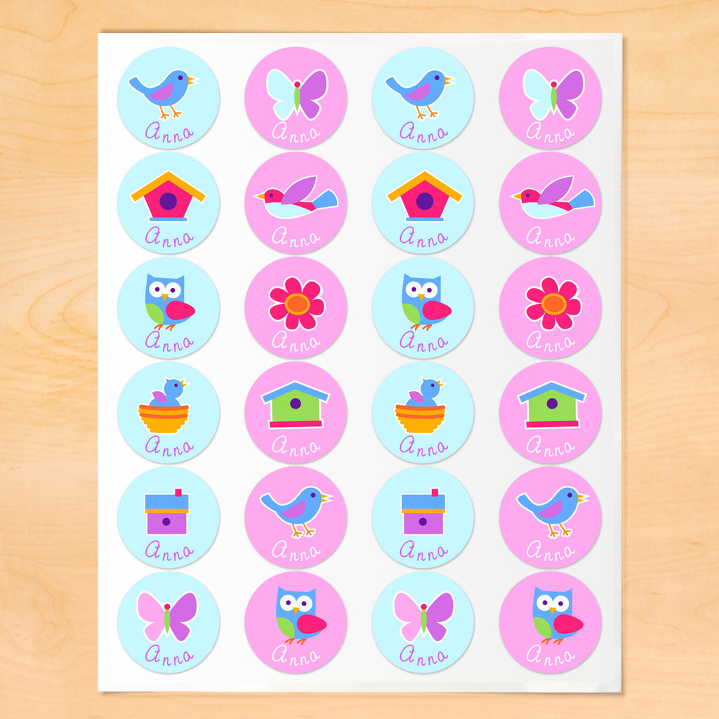 Personalized round lables with birds, birdhouses and bird nests on light blue and pink backgrounds