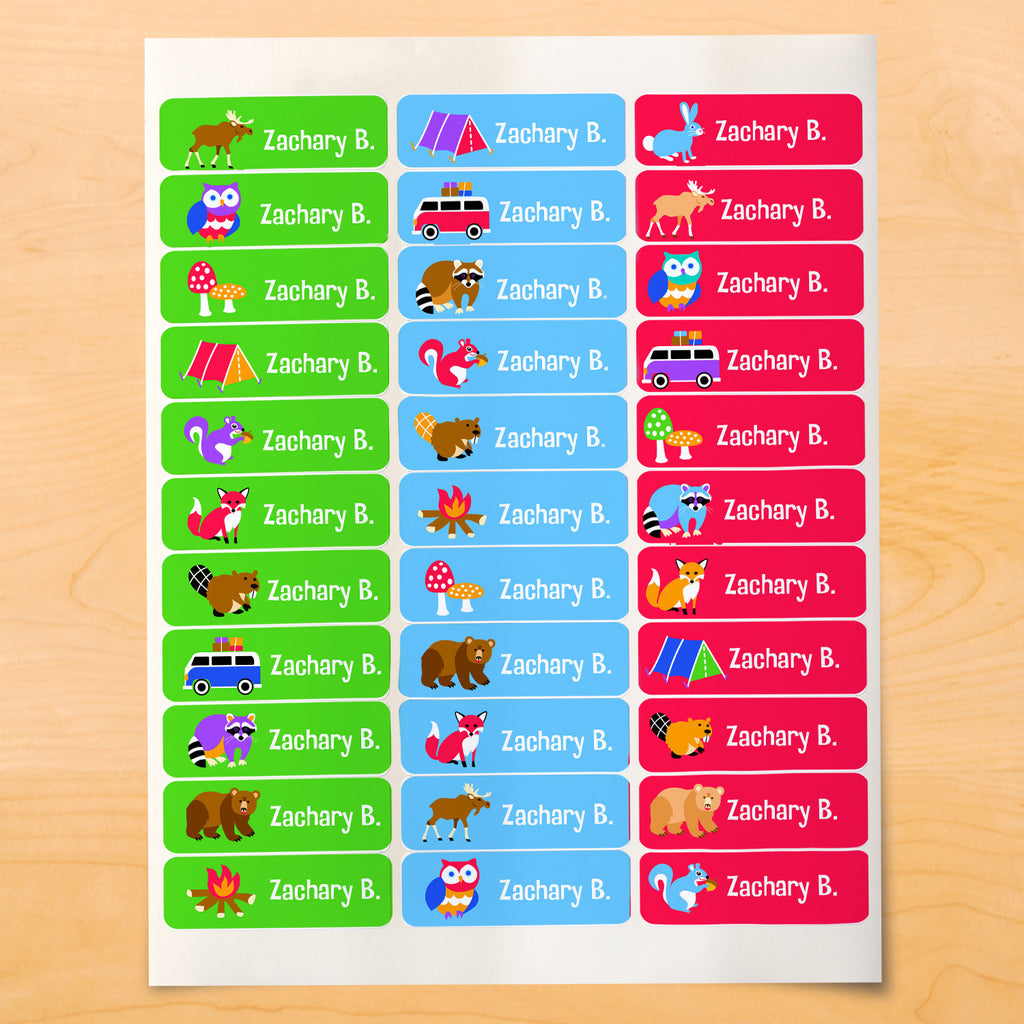 Personalized kids lables with tents, forest animals and camping gear on colorful backgrounds