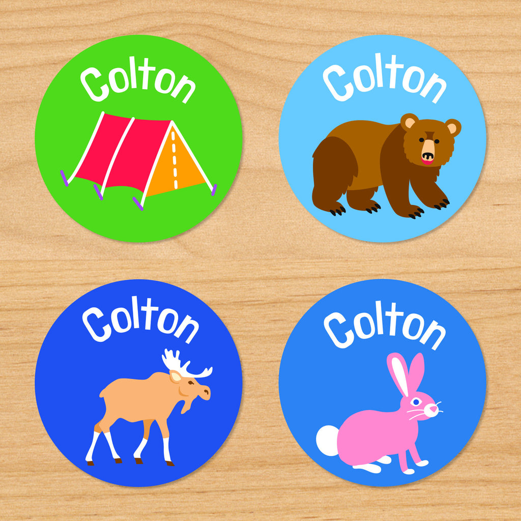 Camping trip kids personalized round waterproof labels woods adventured themed with name, tent, bear, moose and bunny rabbit on green and blue woodland background