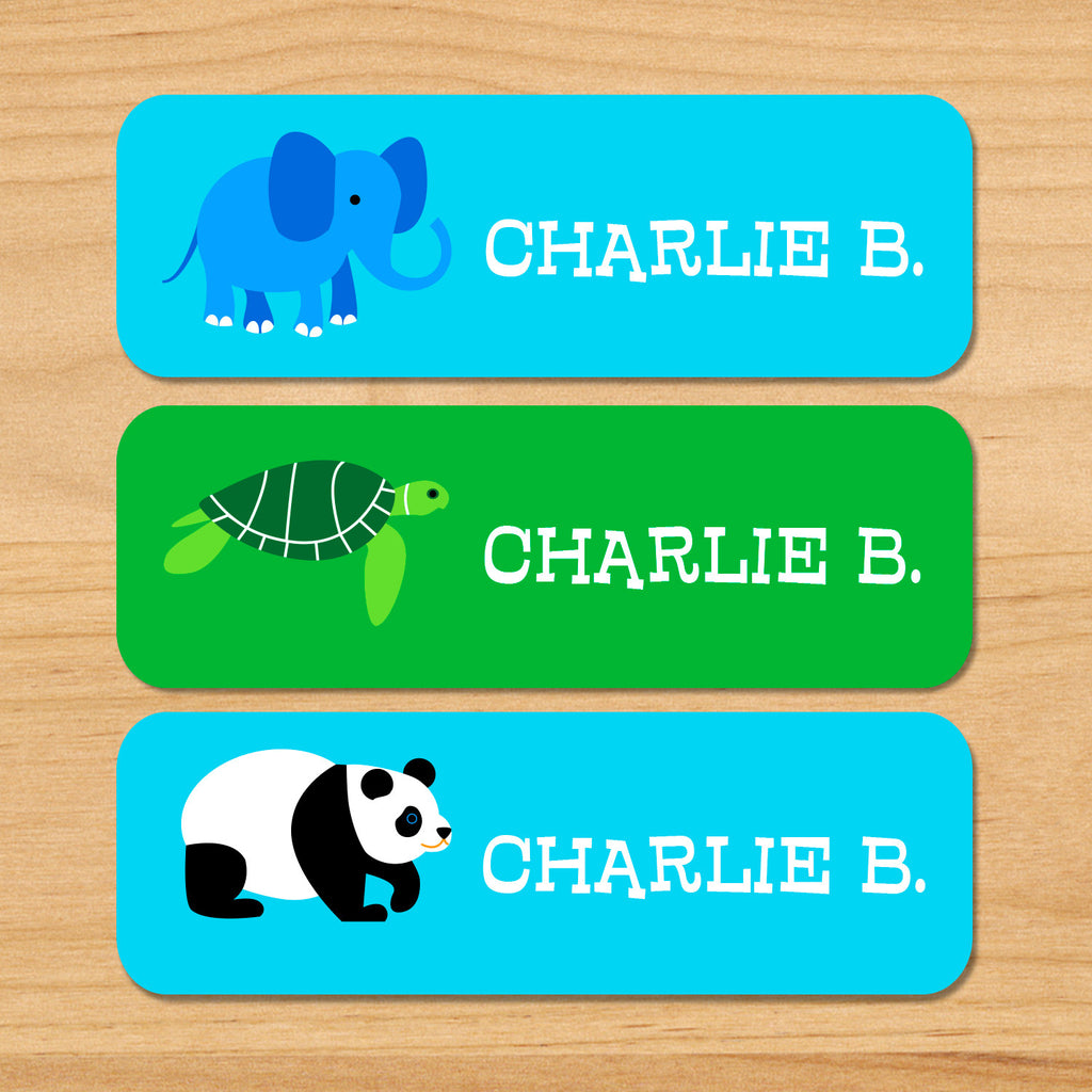 Endangered animals kids waterproof name labels with elephant, sea turtle and panda on green and blue backgrounds