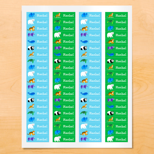 Personalized kids mini lables with pandas, whales, polar bears and other animals on blue and green backgrounds