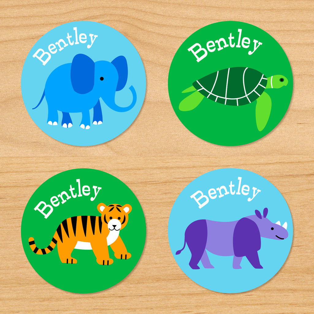 Endangered animals kids waterproof round name labels with elephant, sea turle, tiger and rhino on green and blue backgrounds