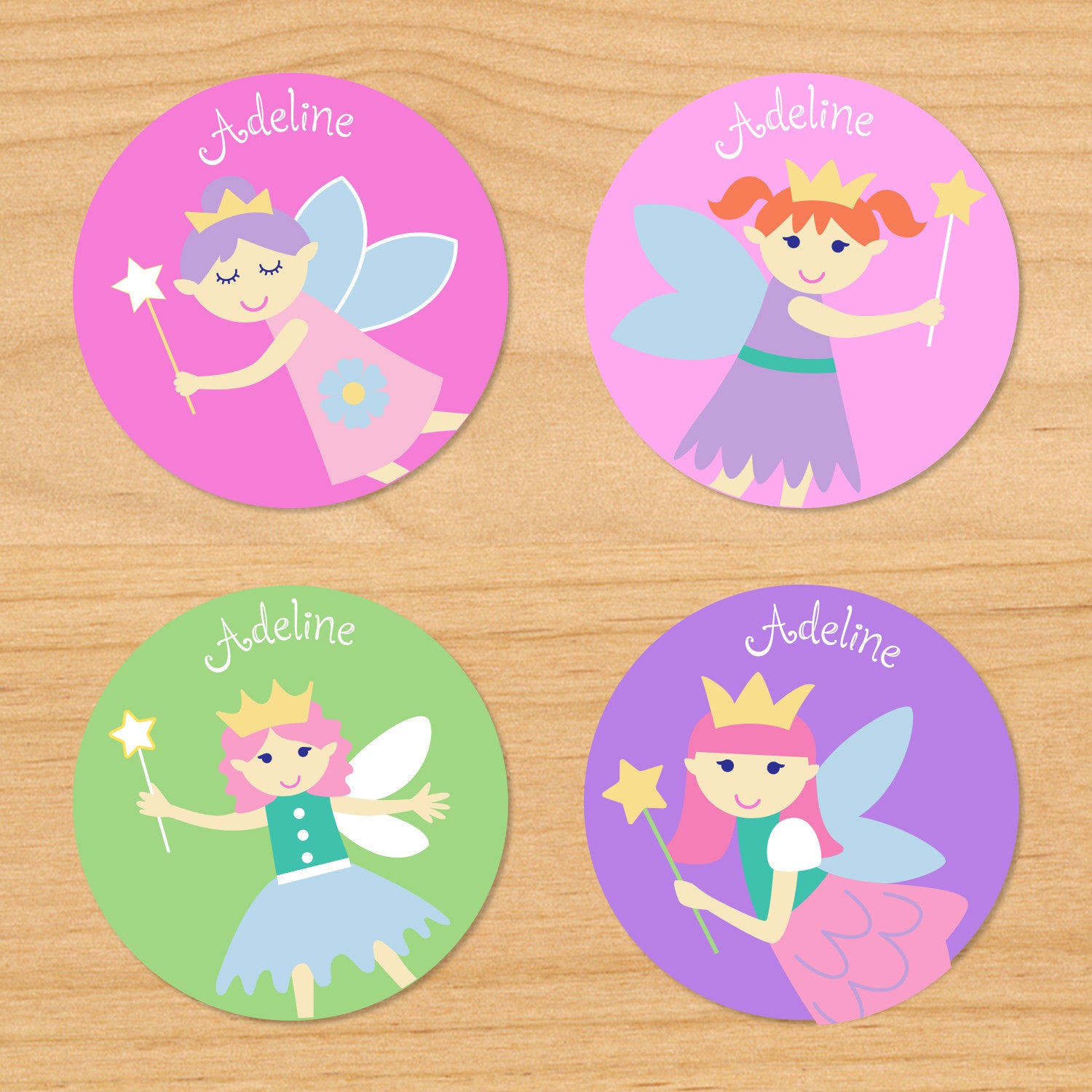 Fairy princess personalized kids girls round waterproof name labels with pastel fairies, flowers, and gold stars on pink, purple and green backgrounds