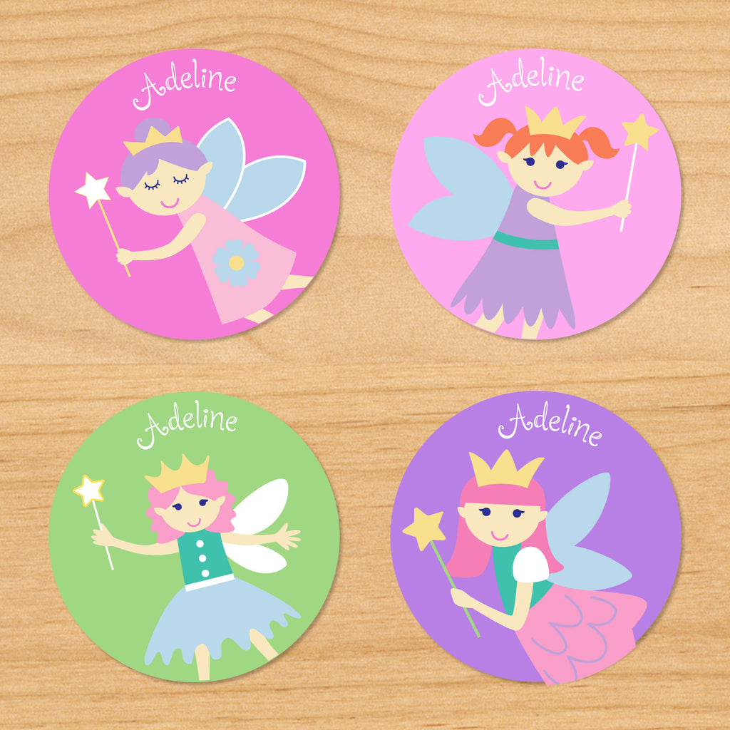 Fairy princess personalized kids girls round waterproof name labels with pastel fairies, flowers, and gold stars on pink, purple and green backgrounds