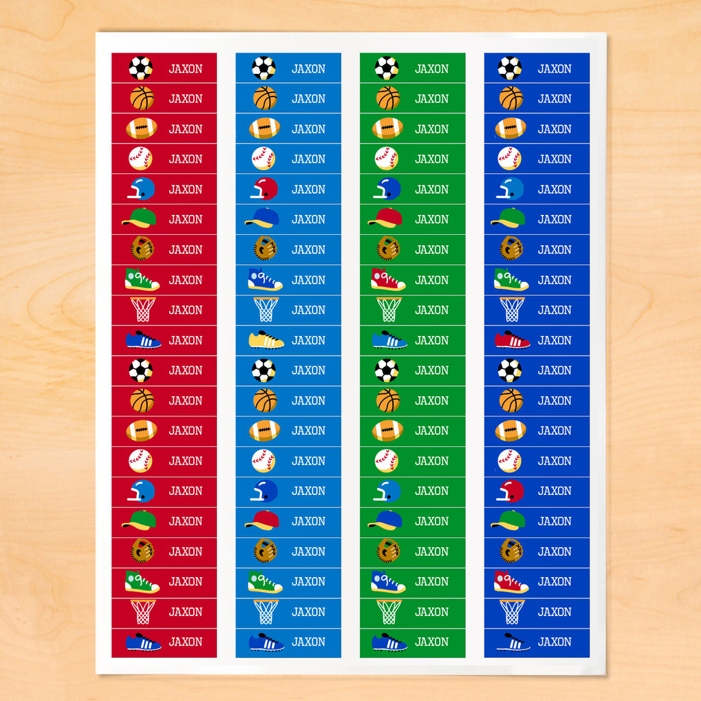 Personalized kids mini lables with sports balls, helmets, caps and sports gear on brightly colored backgrounds