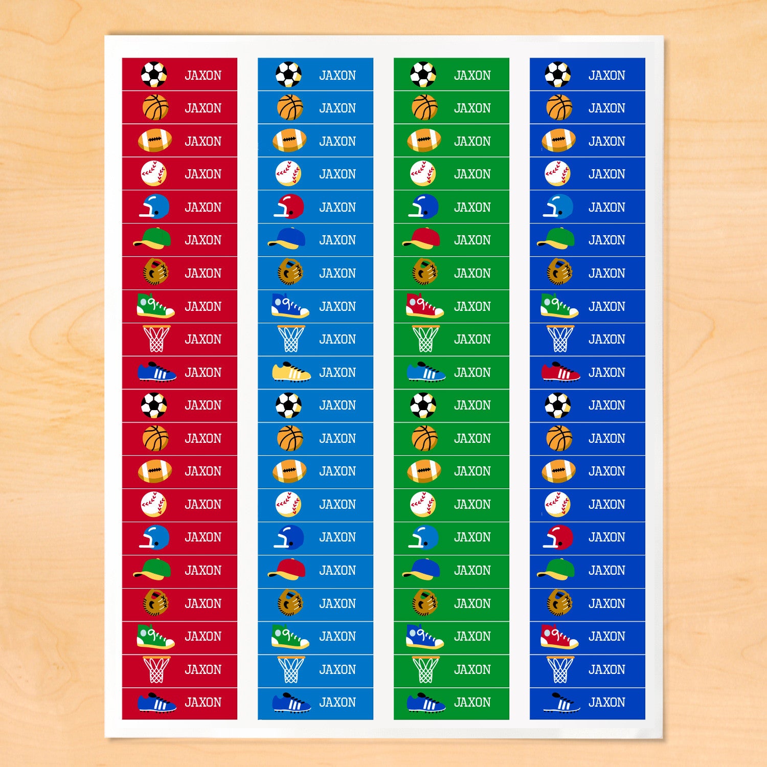 Personalized kids mini lables with sports balls, helmets, caps and sports gear on brightly colored backgrounds