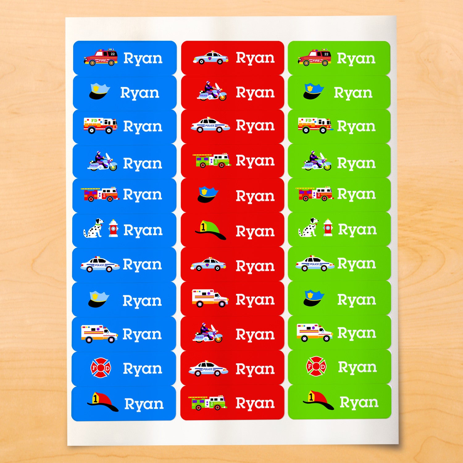 Personalized kids lables with fire trucks, rescue vehicles and gear on brightly colored backgrounds