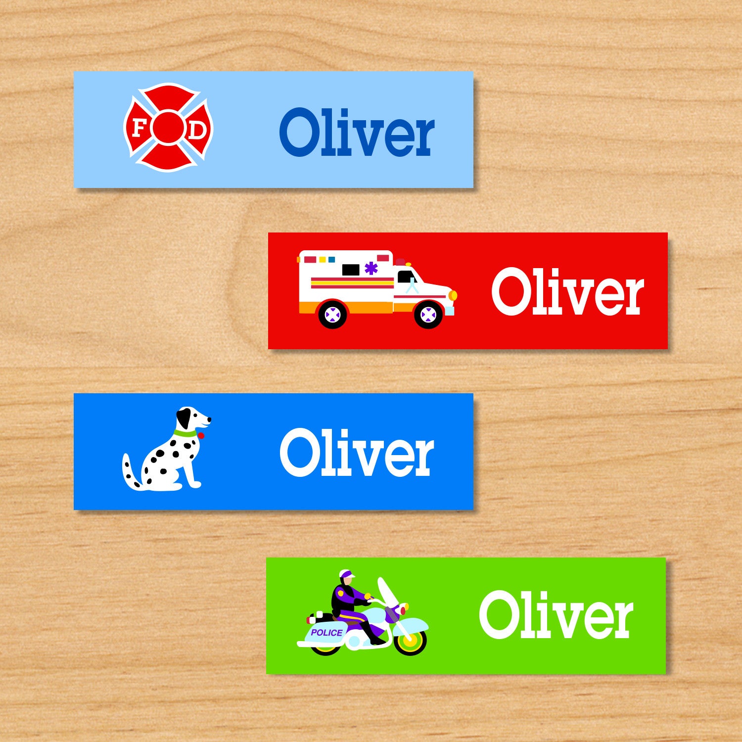 Heroes personalized kids mini waterproof labels with name, ambulance, dalmatian, and motorcycle cop on blue, red, and green backgrounds
