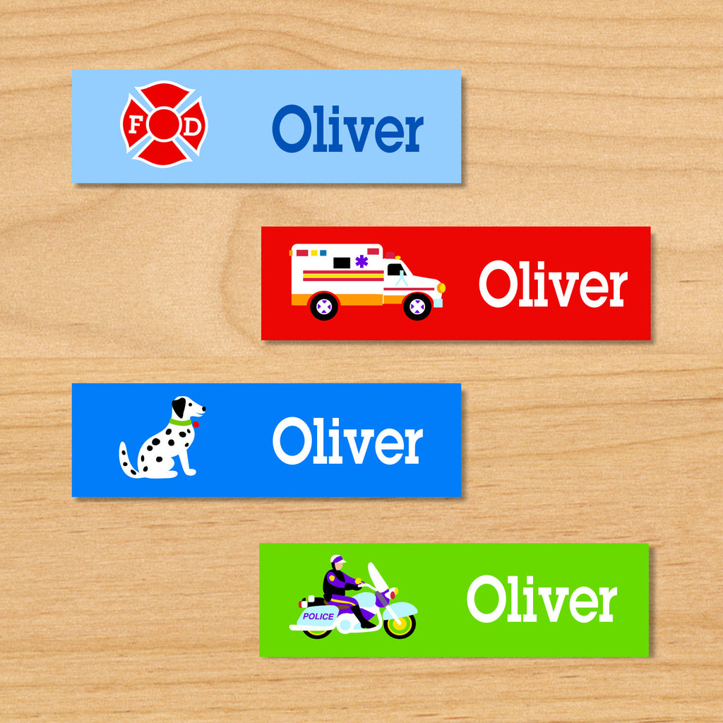 Heroes personalized kids mini waterproof labels with name, ambulance, dalmatian, and motorcycle cop on blue, red, and green backgrounds