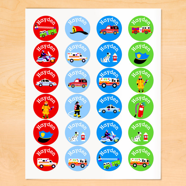 Personalized kids boys round lables with fire trucks, rescue vehicles and gear on brightly colored backgrounds