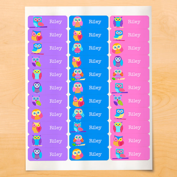 Personalized kids labels with owls on pink, blue and purple backgrounds blue backgrounds