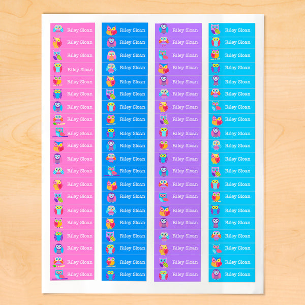 Personalized kids mini labels with owls on pink, blue and purple backgrounds