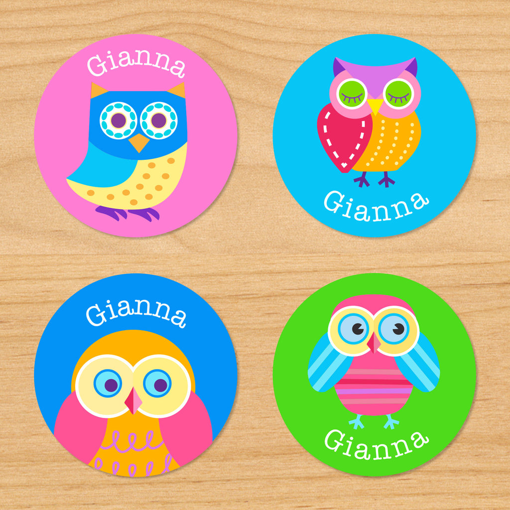 Owls personalized kids girls round name waterproof labels with colorful owls on pink, green and blue backgrounds