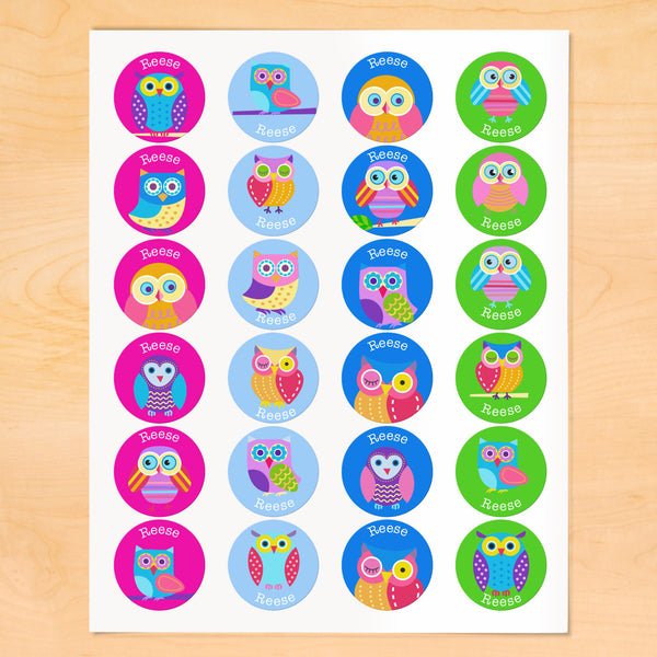 Personalized kids round labels with owls on pink, blue and purple backgrounds