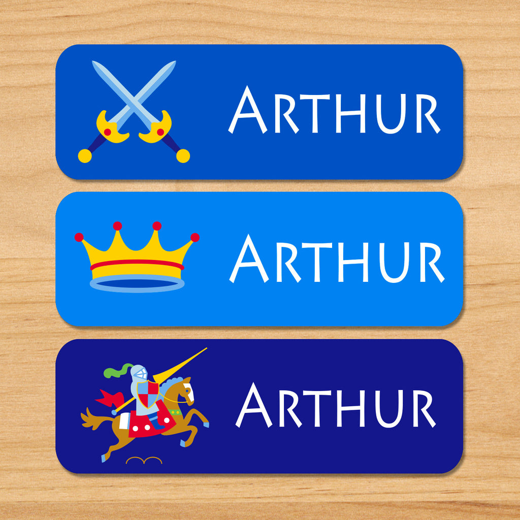 Set of 33 Good Knight kids personalized day care waterproof labels with knights, horse, swords, and crown