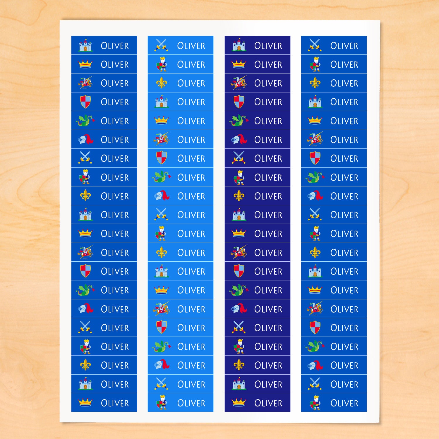 Set of 80 Good Knight kids personalized day care waterproof name labels from Art Appeel with knights, dragon, castle, horse, sword, shield