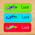 Lizard kids waterproof labels with kids name and colorful lizards on green, blue and red backgrounds