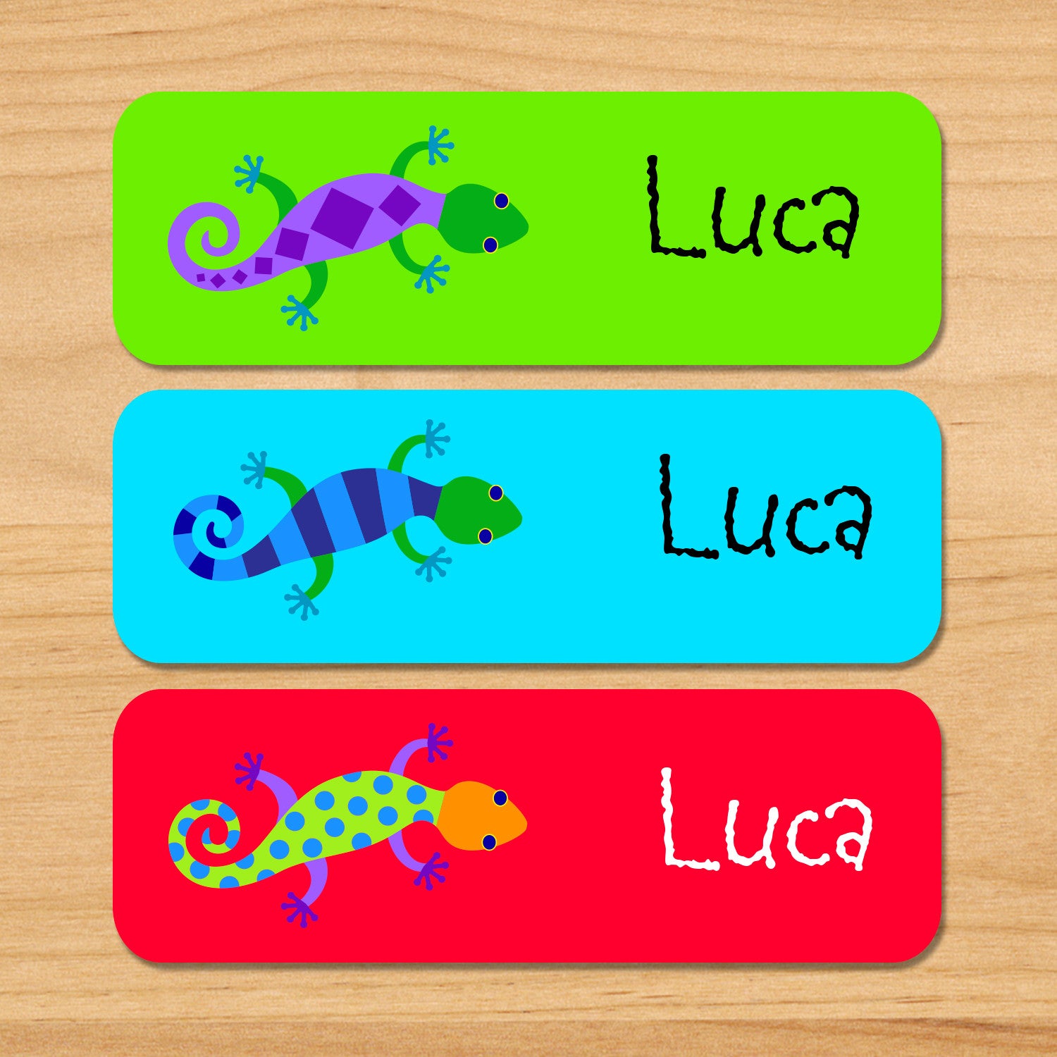Lizard kids waterproof labels with kids name and colorful lizards on green, blue and red backgrounds