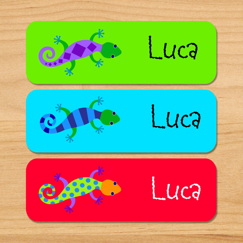 Lizard kids waterproof labels with kids name and colorful lizards on green, blue and red backgrounds