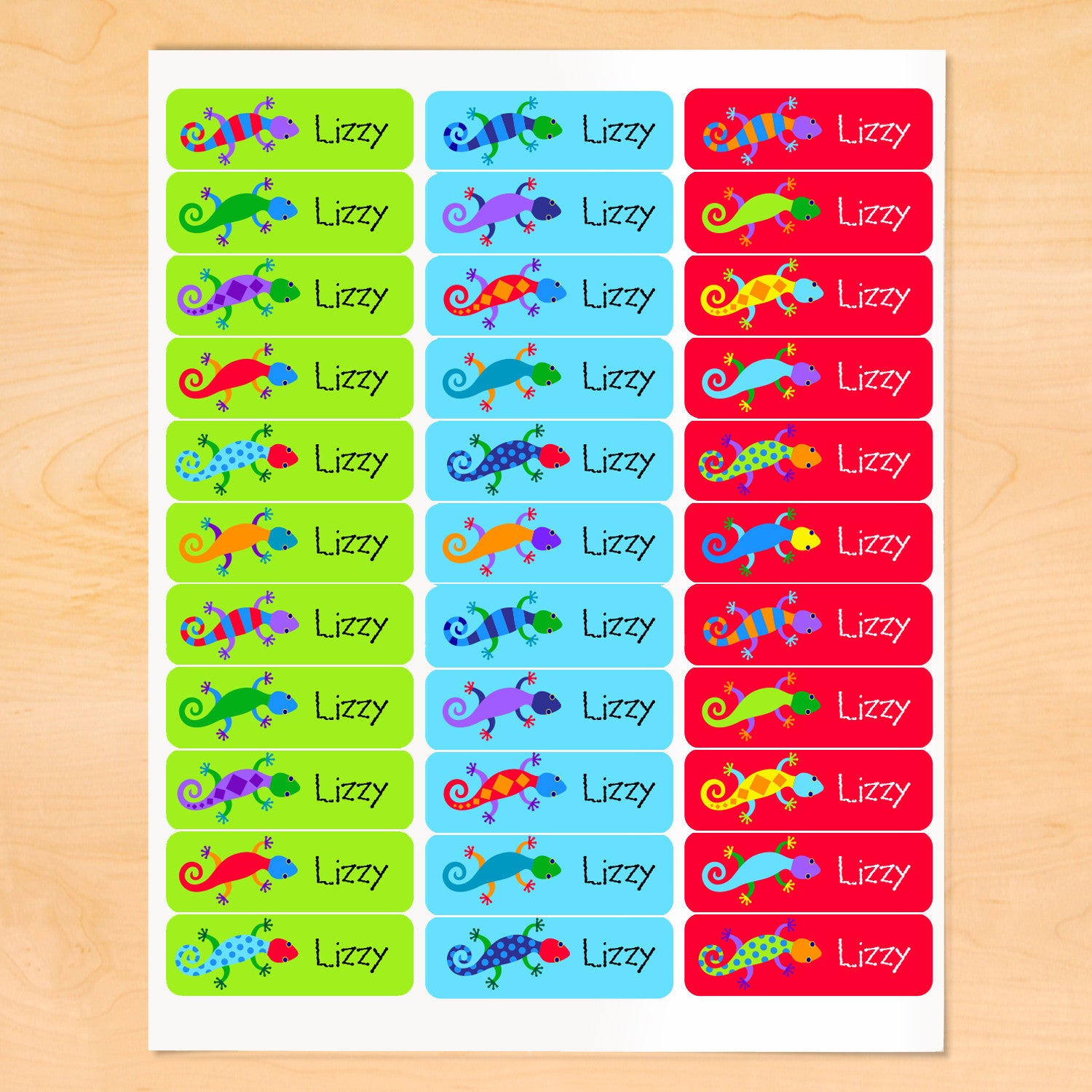 Personalized kids lables with colorful lizards