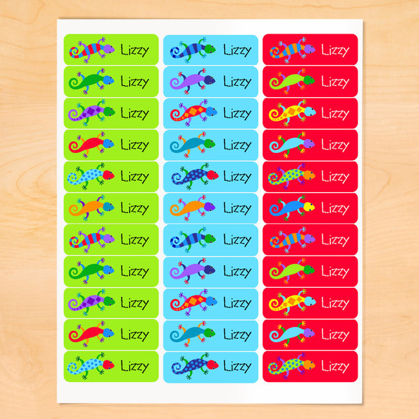 Personalized kids lables with colorful lizards