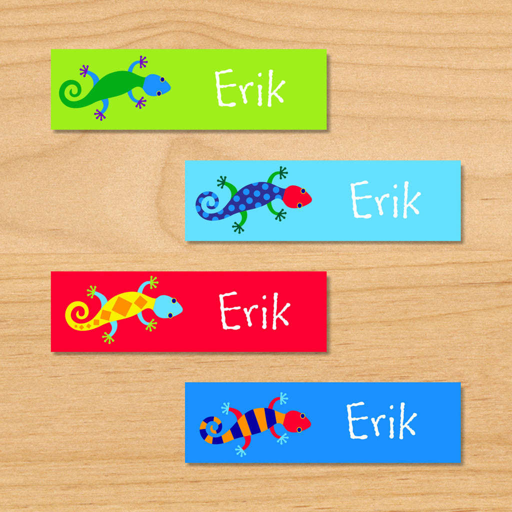 Lizard kids mini waterproof labels with kids name and colorful lizards on green, blue and red backgrounds