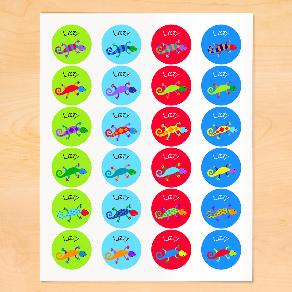 Personalized kids round lables with colorful lizards