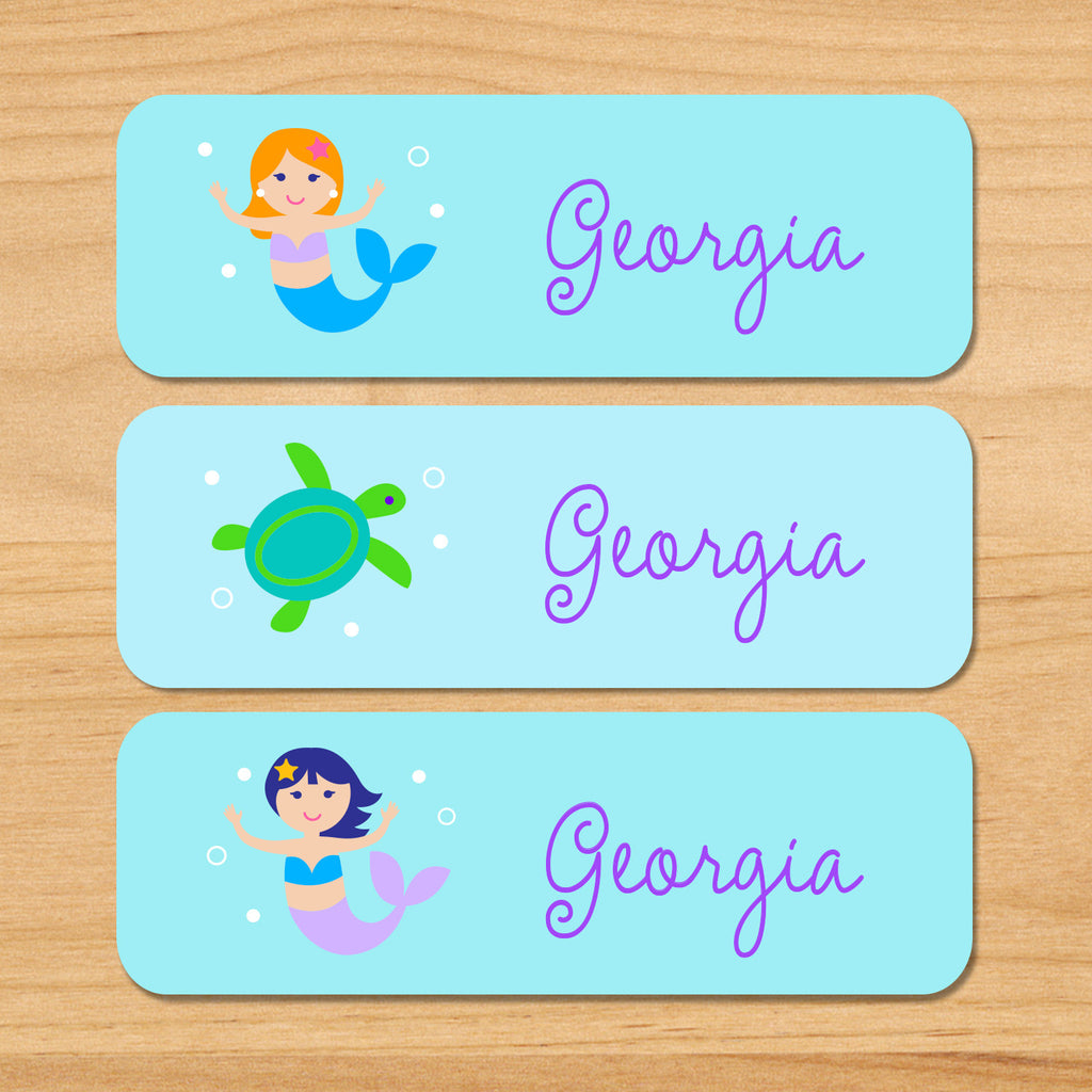 Mermaids personalized personalized kids waterproof name labels with sea turtle and bubbles on a blue and turquoise underwater ocean background