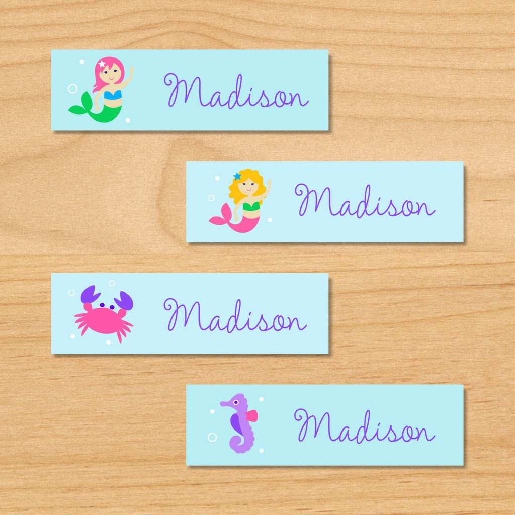 Mermaids personalized kids mini waterproof name labels with crab, seahorse, mermaids, and bubbles on a blue and turquoise underwater ocean background
