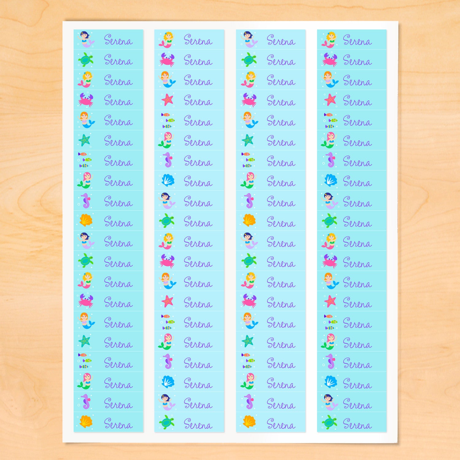 Personalized kids mini lables with mermaids, starfish and sea creatures on soft blue backgrounds