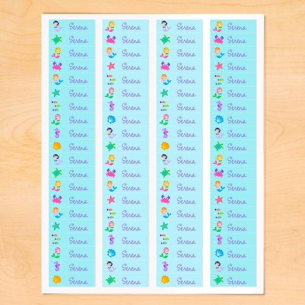 Personalized kids mini lables with mermaids, starfish and sea creatures on soft blue backgrounds