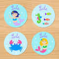 Mermaids personalized kids mini waterproof girls name labels with crab, seahorse, mermaids, and bubbles on a blue and turquoise underwater ocean background