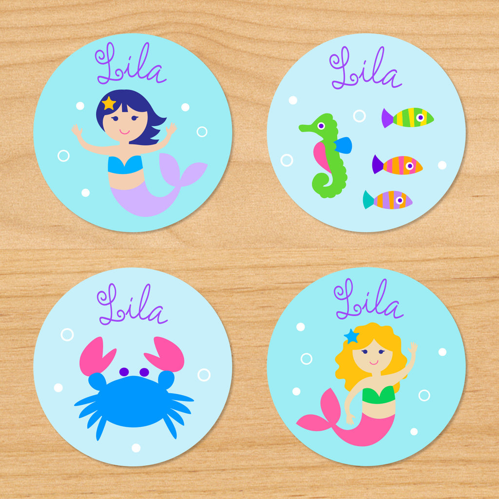 Mermaids personalized kids mini waterproof girls name labels with crab, seahorse, mermaids, and bubbles on a blue and turquoise underwater ocean background