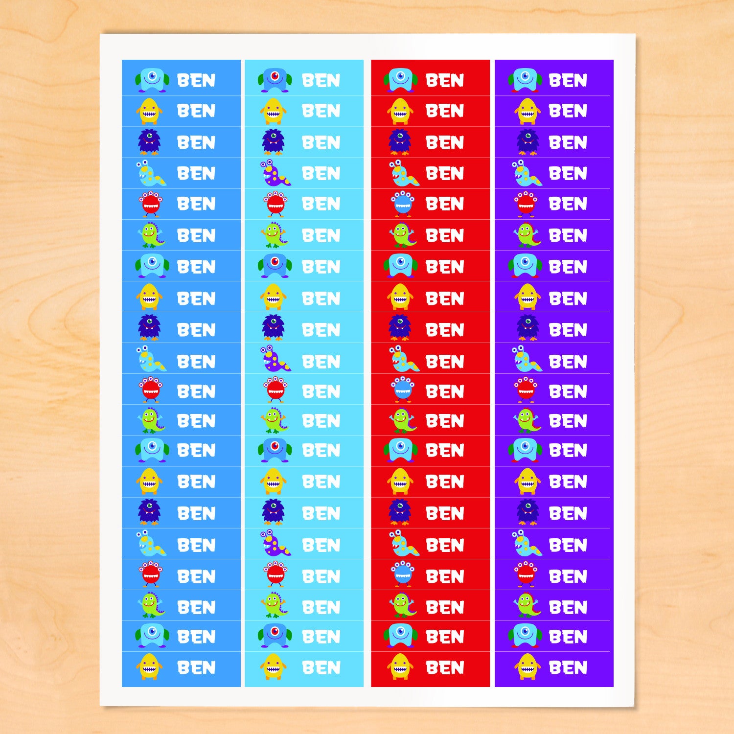 Personalized kids mini lables with friendly monsters on colorful backgrounds