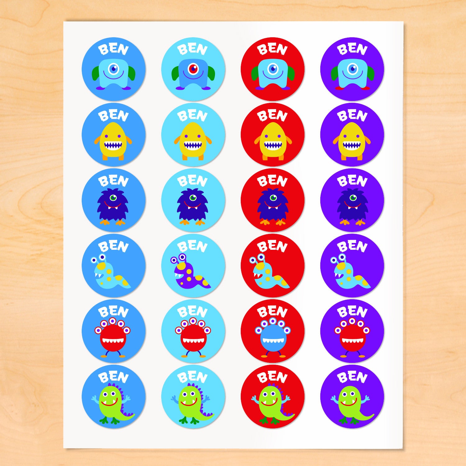 Personalized kids round lables with friendly monsters on colorful backgrounds
