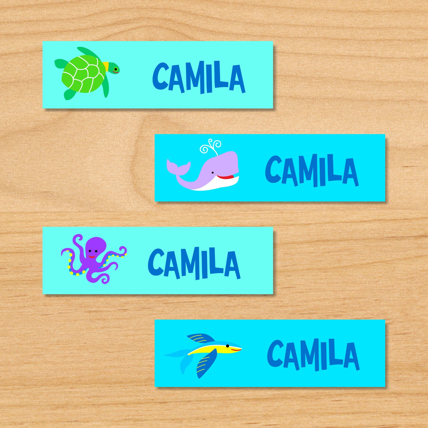 Ocean personalized kids mini waterproof labels with name, sea turtle, whale, octopus, and fish on blue ocean water background