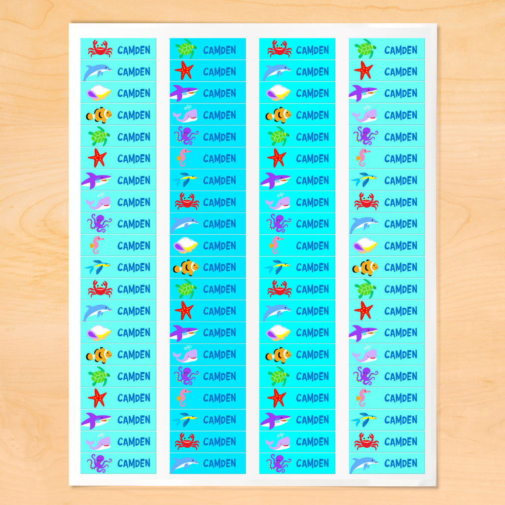 Personalized kids mini lables with colorful sea creatures on blue-green backgrounds
