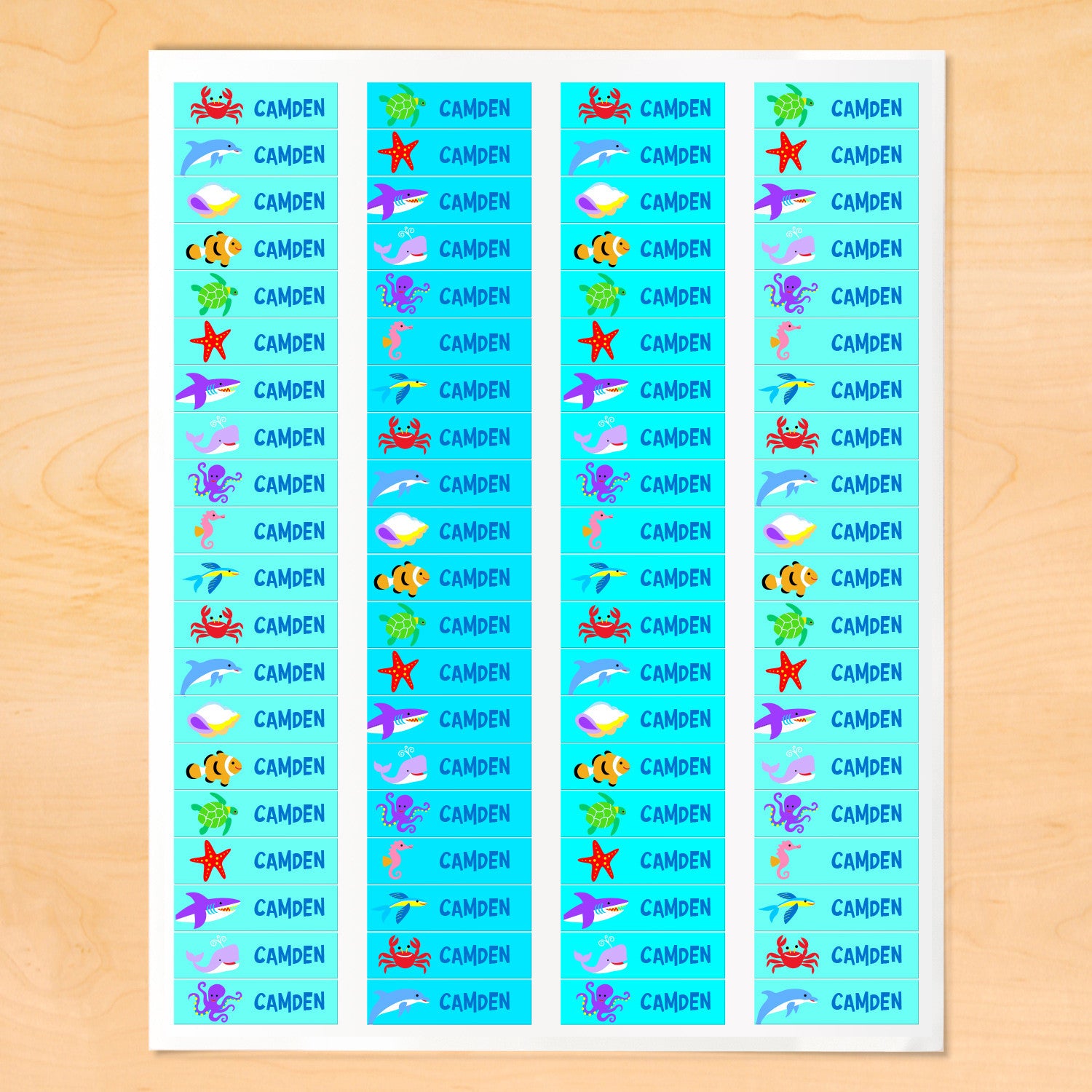 Personalized kids mini lables with colorful sea creatures on blue-green backgrounds