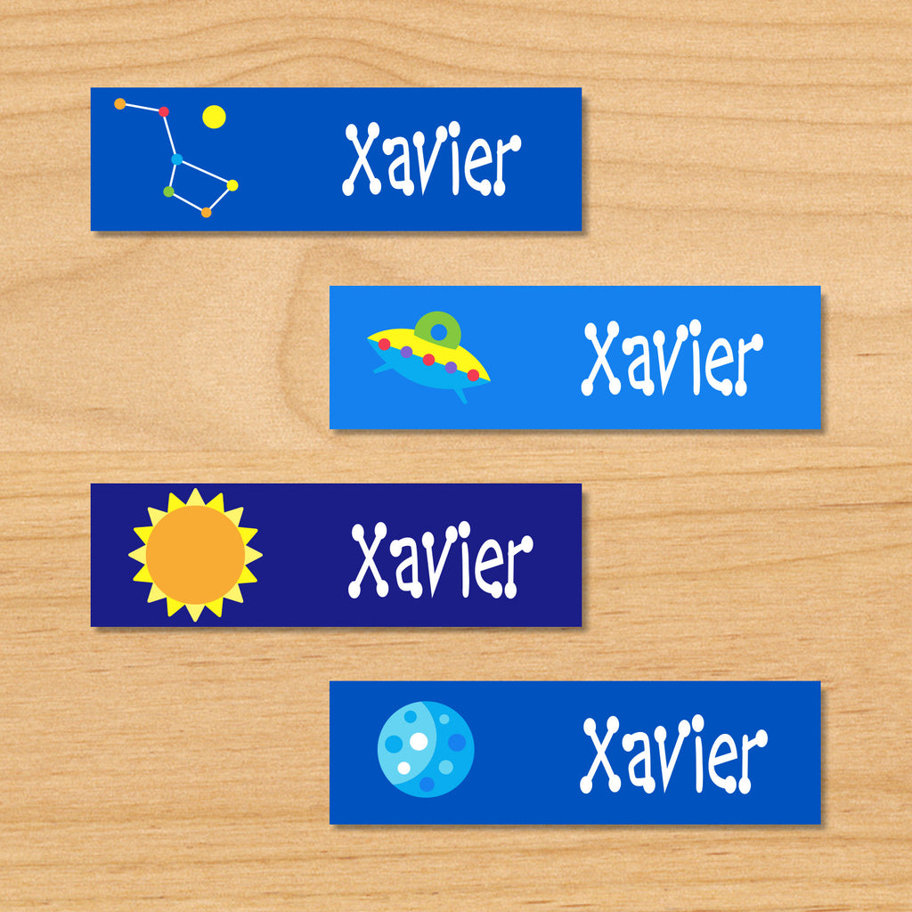 Out of this world space kids personalized mini waterproof name labels with constellation, UFO, sun and planet on blue space background