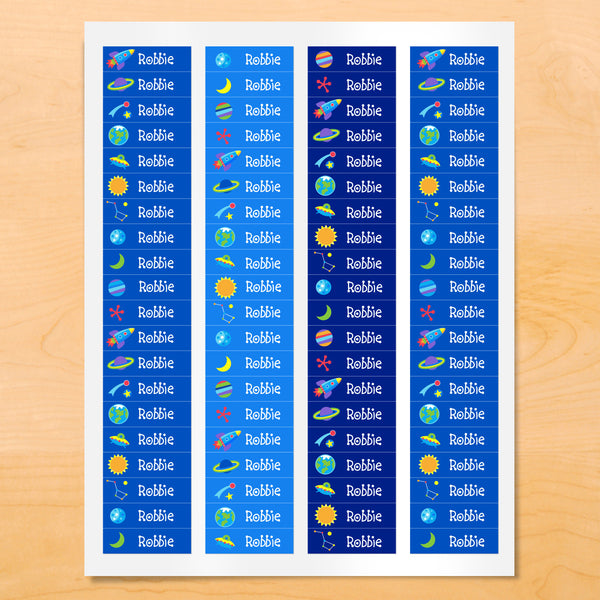 Personalized kids mini lables with planets, rocket ships, and stars on blue backgrounds